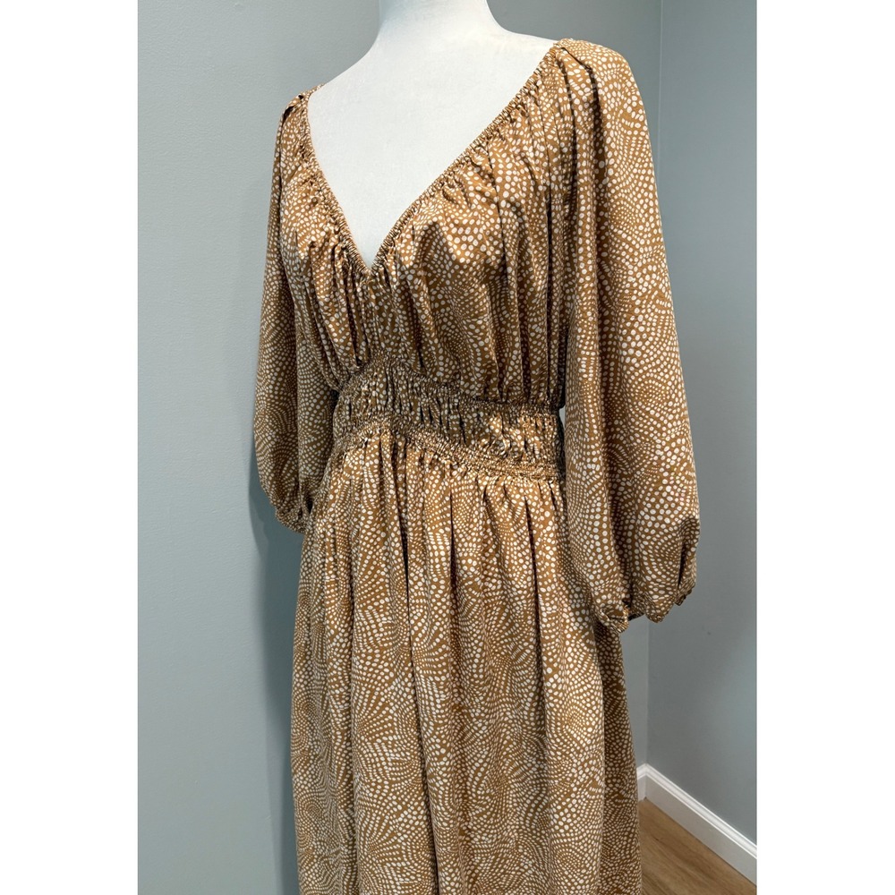 Madewell Vneck Balloon Sleeve Smocked Waist Maxi Dress Dotted Brown White Size 6 - Picture 12 of 12